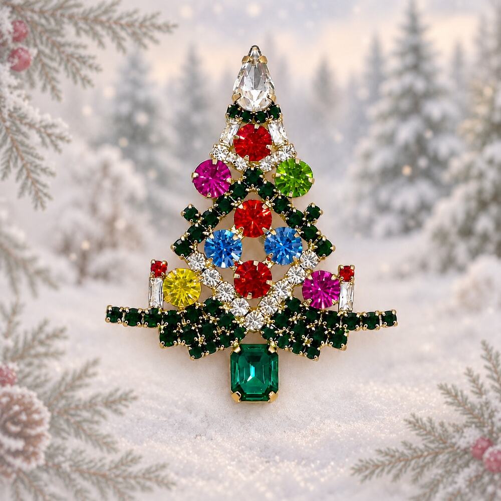 Vintage Rhinestone Christmas Tree Brooch Multicolor Gold Tone Holiday Pin CP259